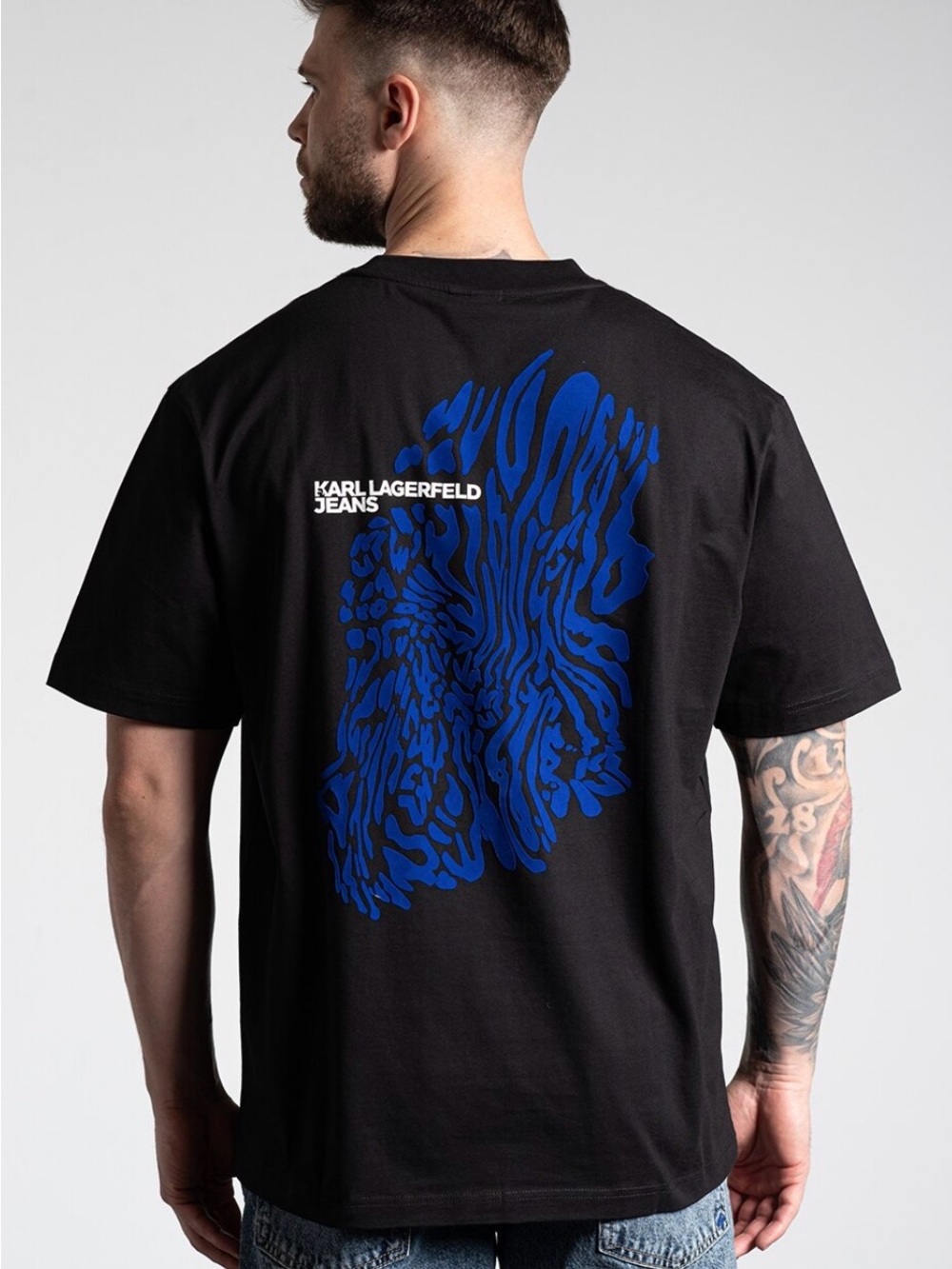 Karl Lagerfeld Black Short-Sleeve Tee with Blue Back Graphic